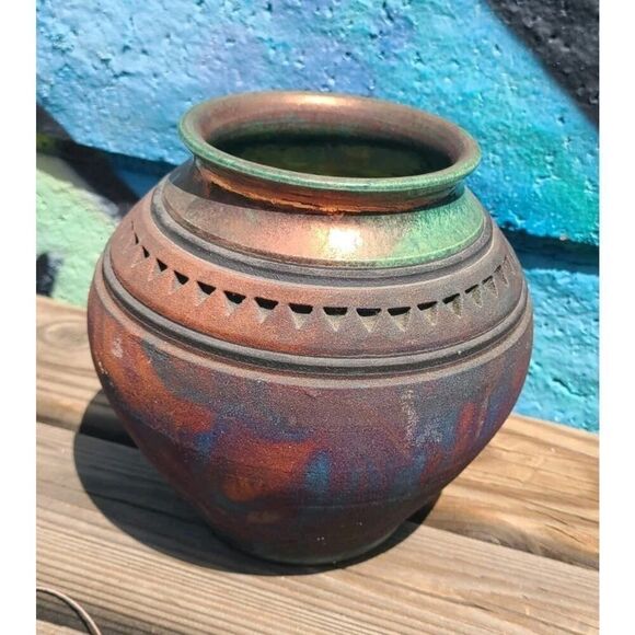 John Melkonian Raku Studio Pottery Vase Incised Triangle Design Signed 2010 EUC - Picture 4 of 16